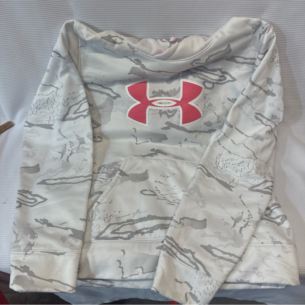 Under Armour Women's Hooded Sweatshirt Gray Pink Logo Semi Fitted Size L